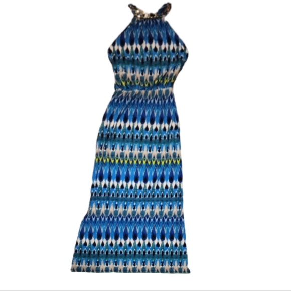 NEW Dress Barn Blue Patterned Maxi Dress w/Gold Chain Accent Collar Size: 6 - Picture 6 of 9
